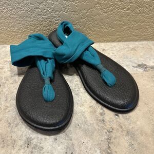 Sanuk Yoga Green/Blue Sling Back Thong Sandals/Fabric Flip Flops Womens 9